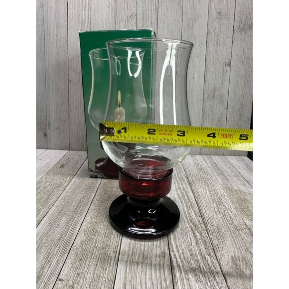 Vtg Luminarc Hurricane Candle Holder Clear Glass Chimney Ruby Red Base Box Set 2 - Picture 12 of 12